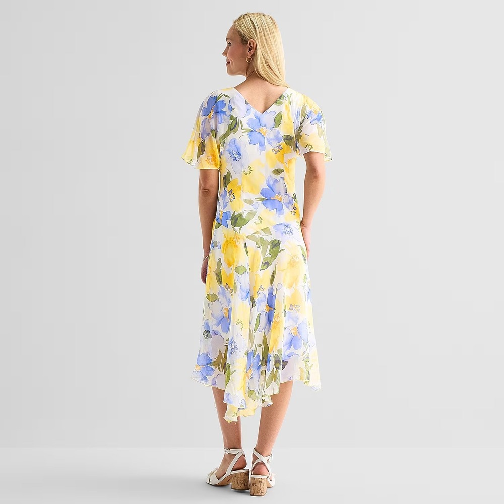 MSRP $79 Rabbit Rabbit Rabbit Womens 16 Blue/Yellow Floral Midi Dress V Neck - Picture 7 of 8